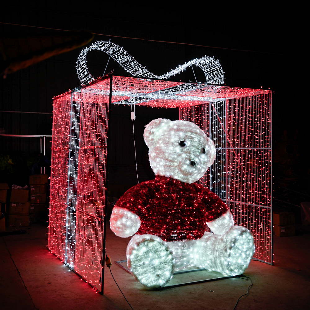 Oso de Peluche Gigante en Caja de Regalo LED 3D - Decoración Navideña Comercial con PVC Ignífugo y Armazón de Hierro para Exterior