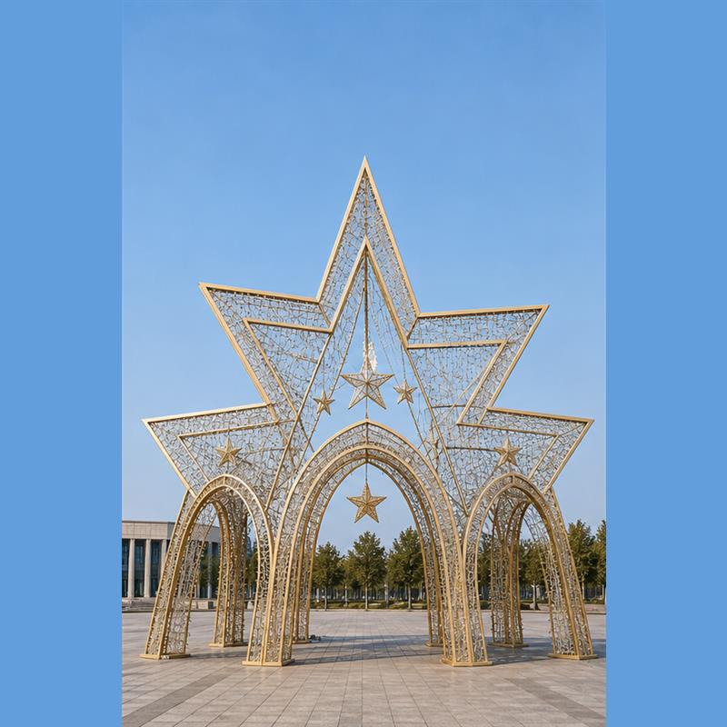 Giant 3D star LED motif light archway for commercial festival decorations.