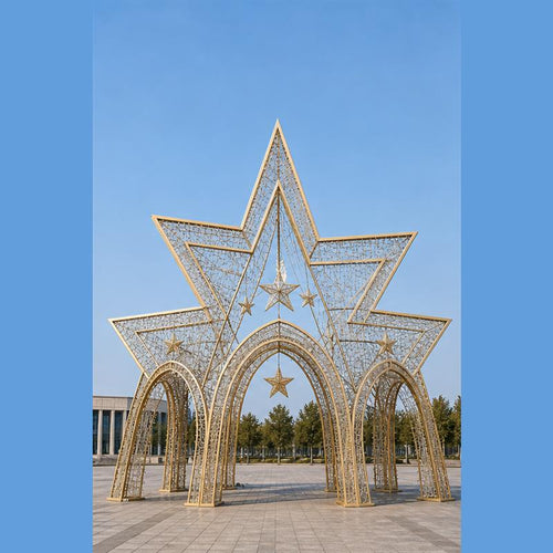 Giant 3D star LED motif light archway for commercial festival decorations.