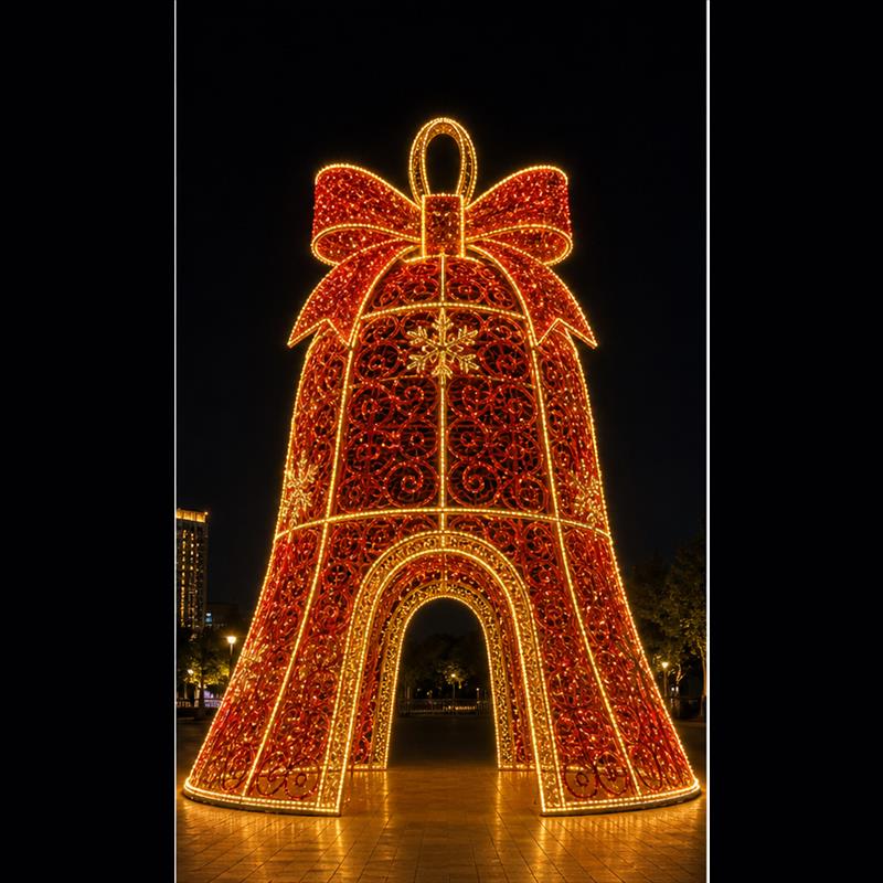 Giant 3D Christmas bell LED motif light walkthrough pavilion for shopping mall decorations.