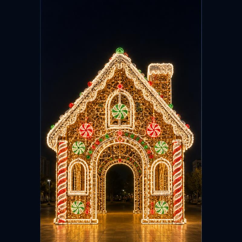 Giant 3D gingerbread house LED motif light walk-through pavilion for Christmas commercial decorations.