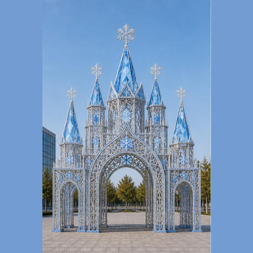 5M outdoor snowflake castle light structure for theme park lighting projects.