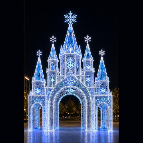 Giant 3D ice castle LED motif light walk-through pavilion for Christmas commercial decorations.