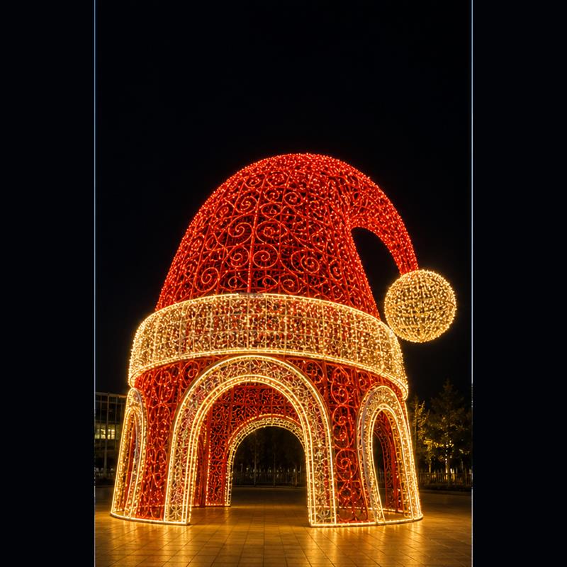 Giant 3D Santa hat LED motif light walk-through pavilion for Christmas commercial decorations.