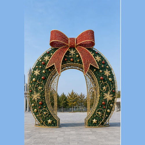 5M outdoor holiday wreath light structure with big bow for theme park lighting projects.