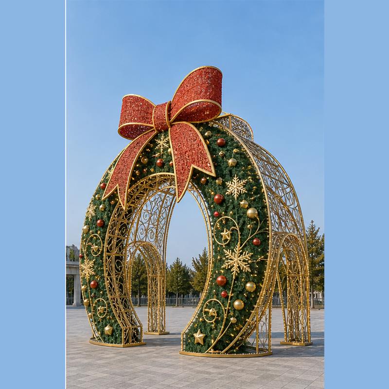 Large scale light installations and classic Christmas wreath motif lights in public plazas.