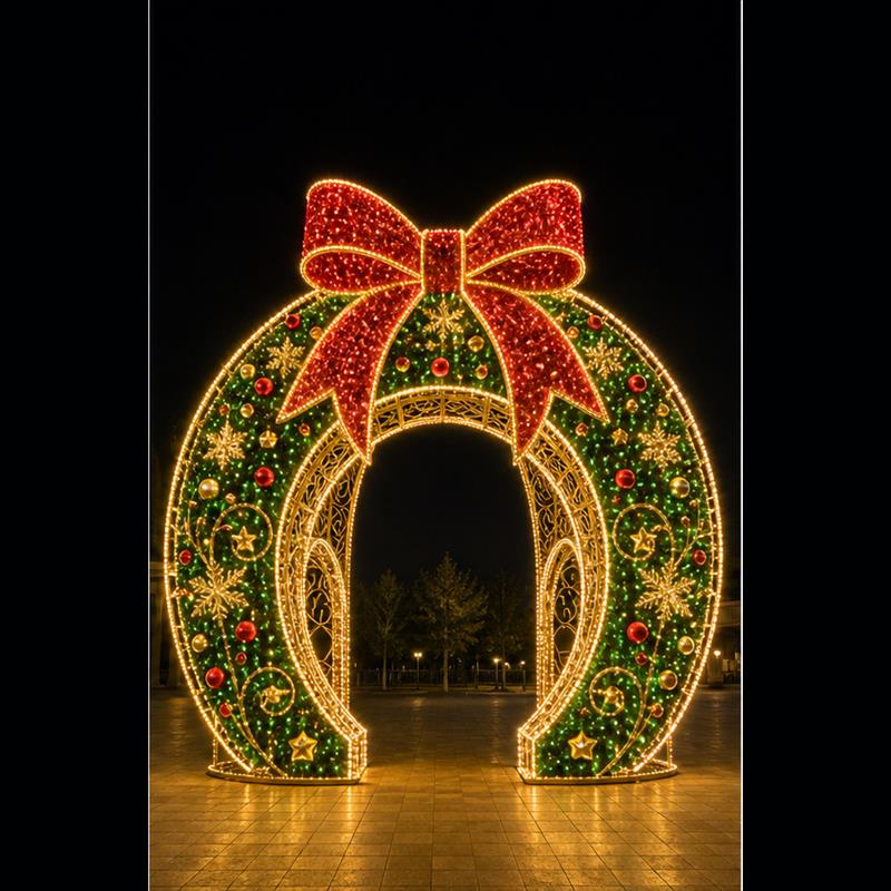 Giant 3D Christmas wreath LED motif light walk-through archway for commercial decorations.