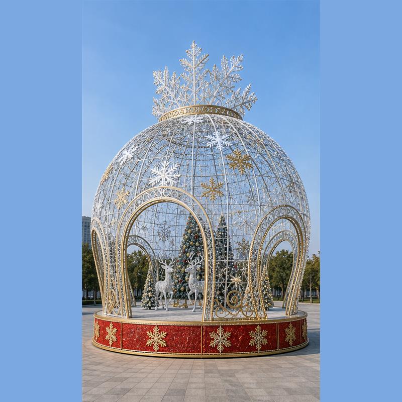 Large scale light installations and holiday winter wonderland crystal ball motif lights in public spaces.