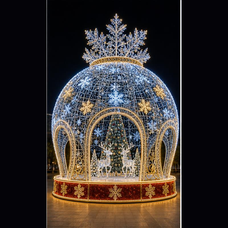 Giant 3D snowflake crystal ball LED motif light walk-through dome pavilion for Christmas commercial decorations.