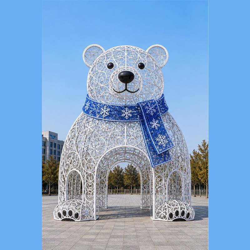 5M outdoor Christmas arctic polar bear light structure with blue scarf for theme park lighting projects.