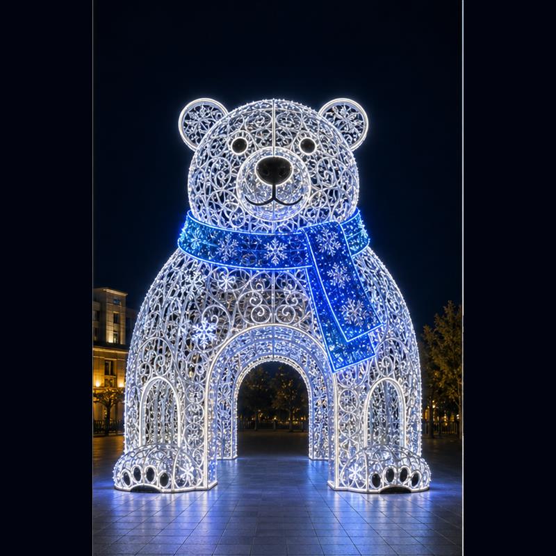 Giant 3D polar bear LED motif light walk-through pavilion for Christmas commercial decorations.