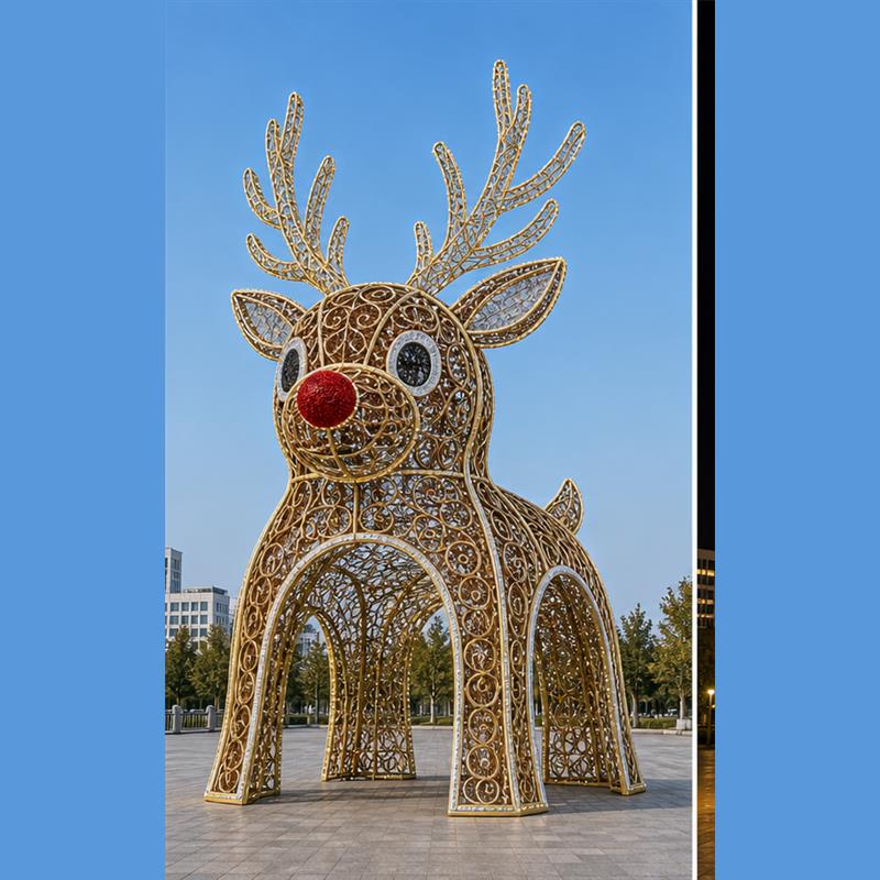 5M outdoor Rudolph reindeer light structure with big antlers for theme park lighting projects.
