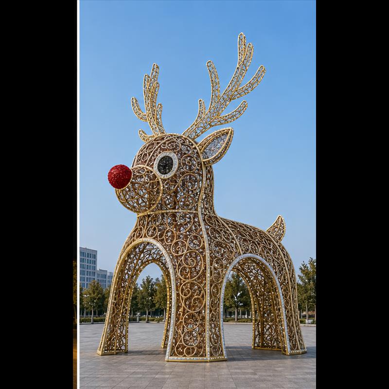 Large scale light installations and holiday commercial red-nosed deer motif lights in public plazas.