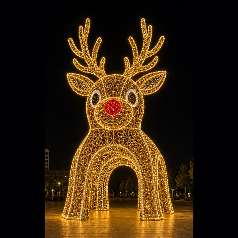 Giant 3D reindeer LED motif light walk-through archway for Christmas commercial decorations.