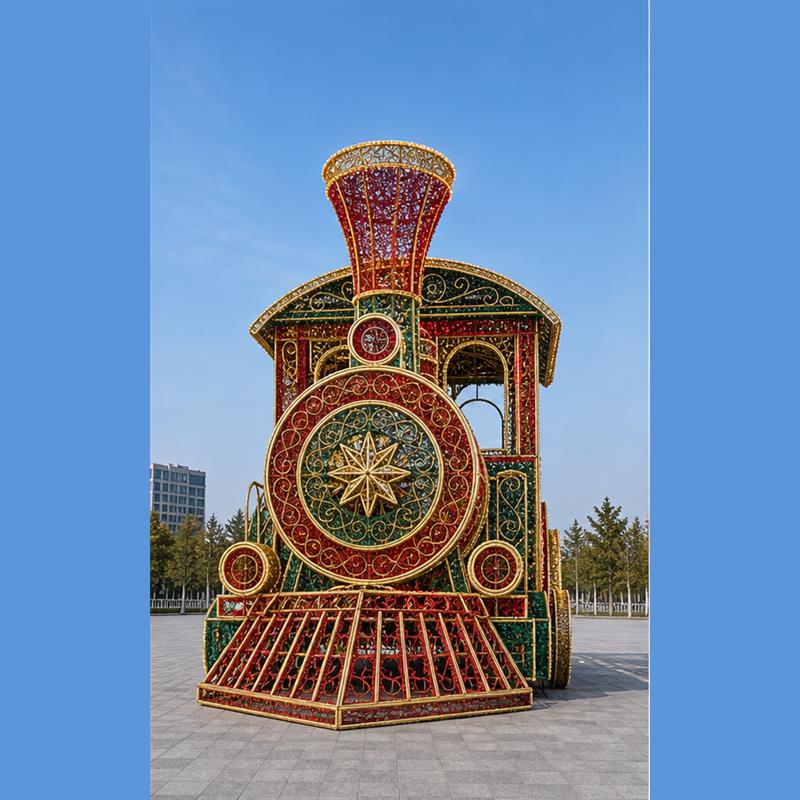 5M outdoor Christmas train light structure with star emblem for theme park lighting projects.