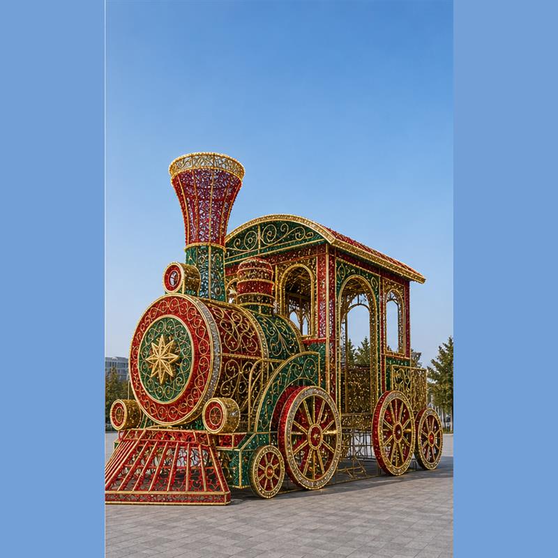 Large scale light installations and holiday locomotive motif lights in public plazas.