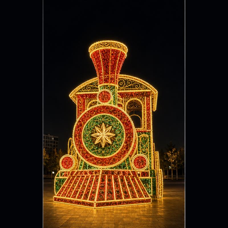 Giant 3D Christmas train LED motif light steam locomotive for commercial decorations.
