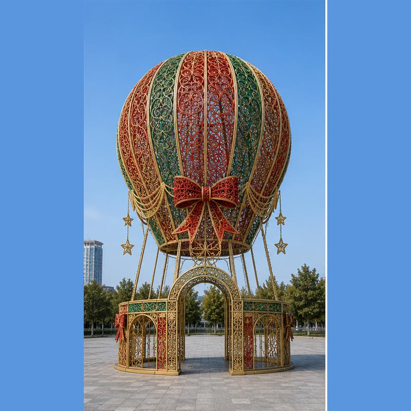 7M outdoor tricolor hot air balloon light structure with bow and stars for plaza lighting projects.