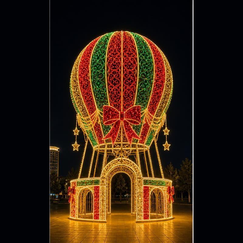 Giant 3D hot air balloon LED motif light walk-through pavilion for Christmas commercial decorations.