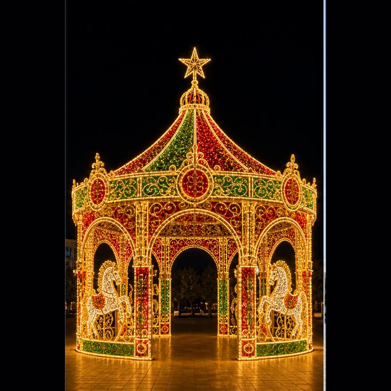 Giant 3D carousel LED motif light walk-through pavilion for Christmas commercial decorations.