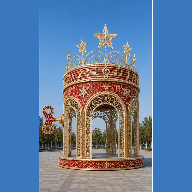 Large commercial-grade walk-through gazebo motif light display featuring a royal crown top, musical notes, and glowing snowflake details at night.