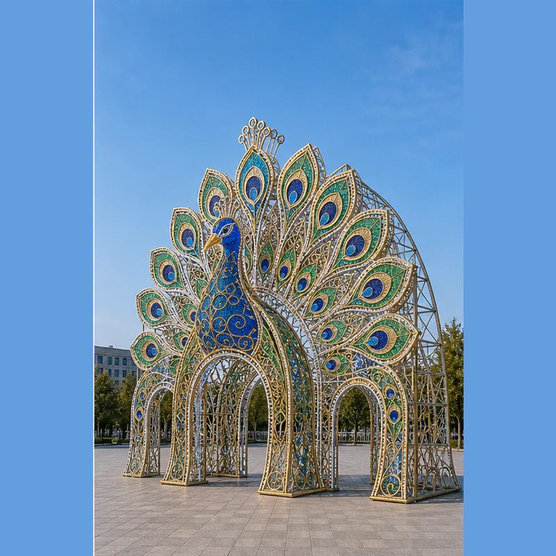 Walk-through holiday light installations and 4M 5M 6M peacock motif lights in public spaces.