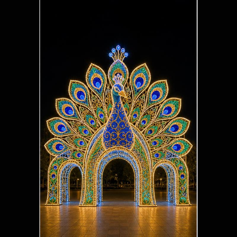Giant 3D peacock LED motif light walk-through archway for outdoor light festivals.