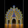Giant 3D peacock LED motif light walk-through archway for outdoor light festivals.