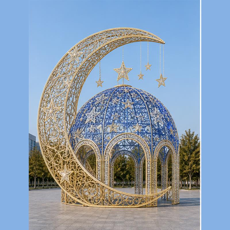 Giant 3D celestial moon LED motif light starry dome pavilion for Ramadan and Christmas light festivals 5M 6M 7M.