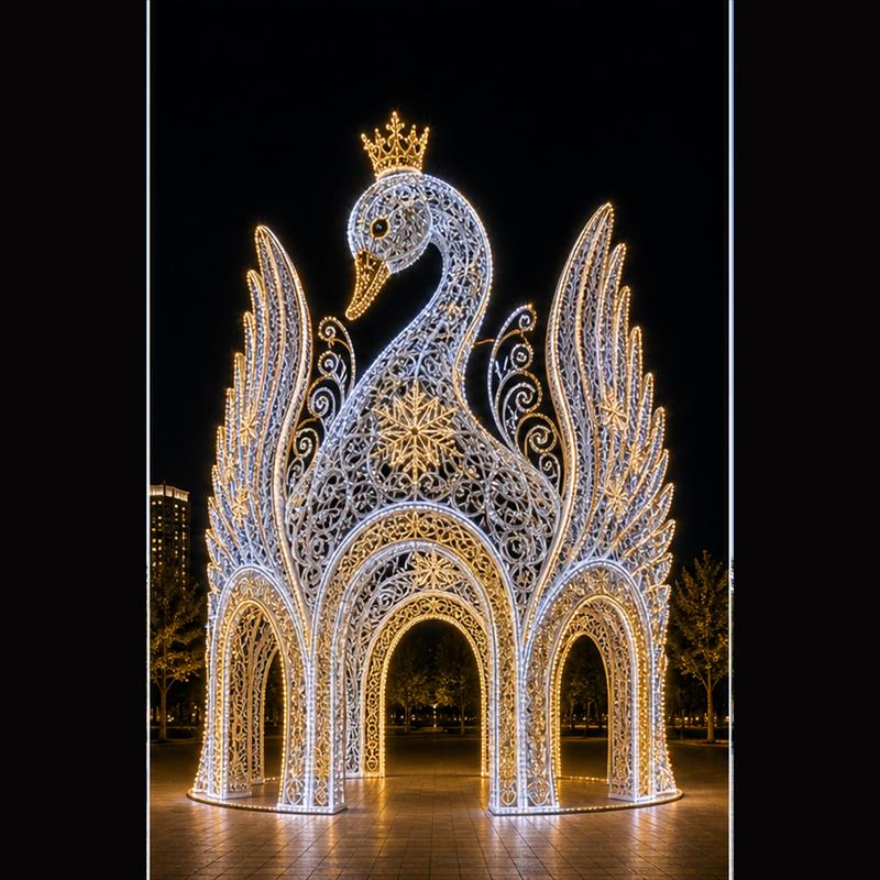 Nuevos adornos navideños grandes para exteriores comerciales, enorme arco de luces LED de cisne real, princesa, grande para exteriores