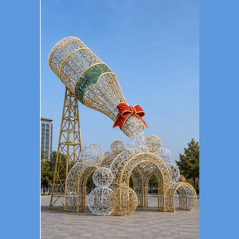 Giant 3D Champagne Bottle LED Motif Light (16.4ft/19.7ft/23.0ft) - Large Scale Outdoor Walk-Through Wine Pouring Bubble Tunnel Pavilion for New Year, Weddings & Commercial Plazas (5M/6M/7M)