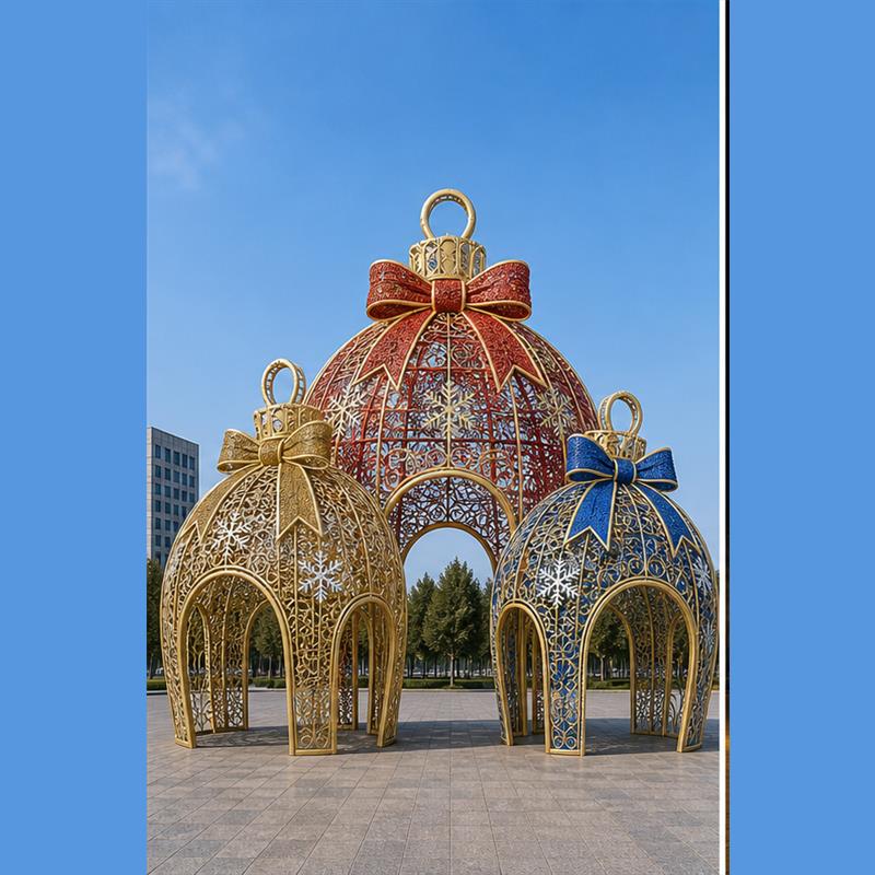 Large scale outdoor walk-through trio holiday ornament ball archway pavilion 5M 6M 7M for municipal public town square lighting display.