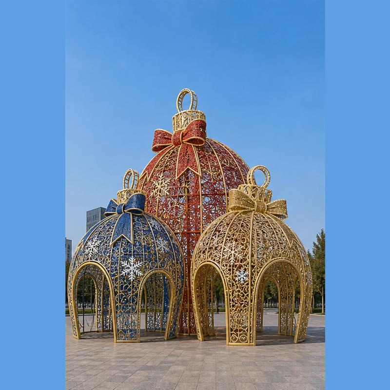 Custom commercial grade Christmas decoration metal frame LED bauble light pavilion from factory direct supplier for winter light festivals.