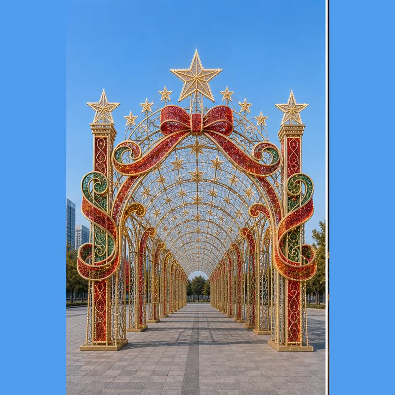 Commercial grade modular metal frame outdoor LED starry light tunnel structure from manufacturing factory.
