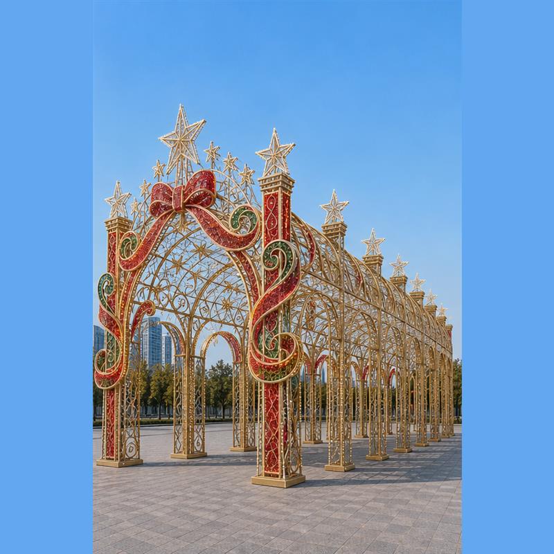 Giant 3D Christmas Ribbon Light Tunnel (16.4ft/32.8ft/65.6ft Length) - Large Scale Outdoor Walk-Through Starry Archway Corridor Pavilion for Commercial Plazas & Light Festivals (5M/10M/20M)