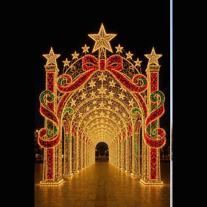 Giant 3D Christmas ribbon light tunnel walk-through star archway corridor for commercial plaza holiday decoration.