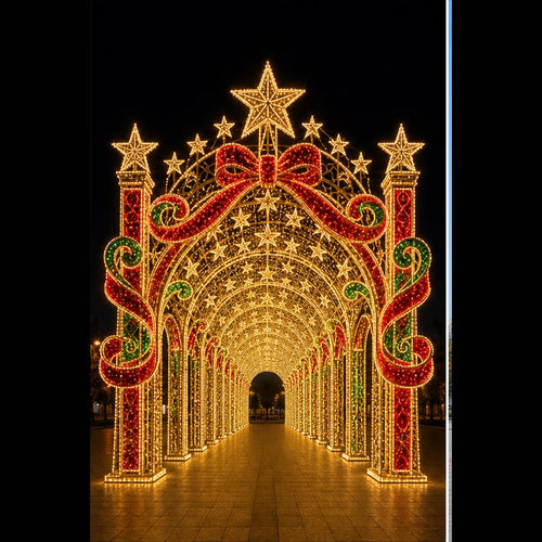 Giant 3D Christmas ribbon light tunnel walk-through star archway corridor for commercial plaza holiday decoration.
